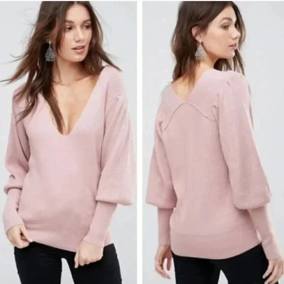Free People Gingersnap Sweater Tunic Knit Long Sleeve V-Neck Pink Rose Small - Picture 1 of 10